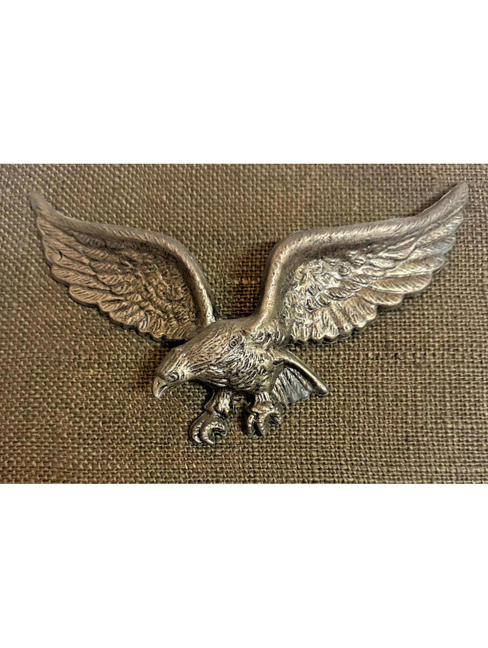 1950's American Bald Eagle in Flight Brass Mounted to Burlap covered board 9"x5"